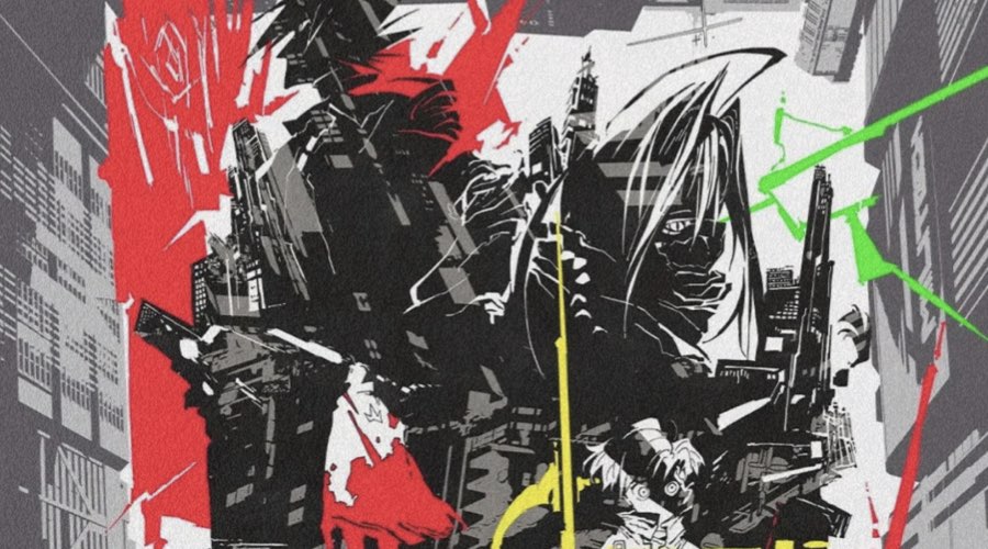 manga-style art of building melted with characters and silhouettes with green, orange and yellow bolts