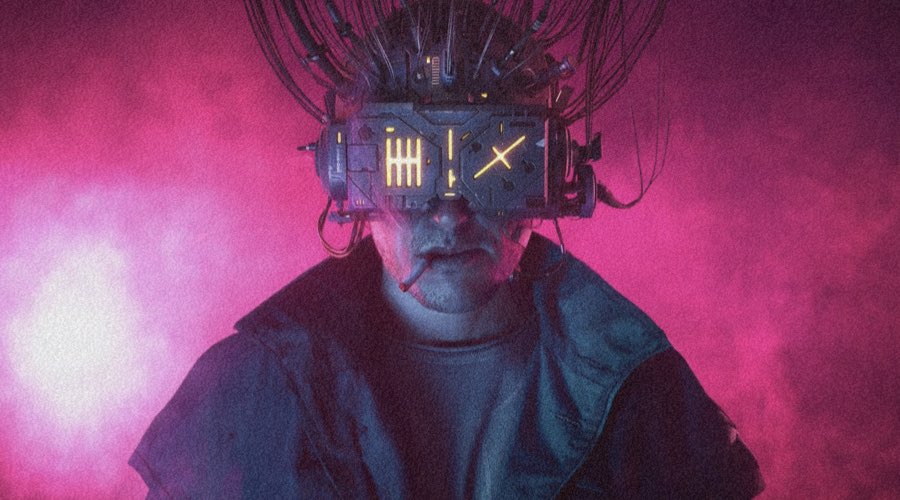 image of neuromancer by apple tv, pinkish purple foggy background with a character wearing a cyber-equipement and smoking cigarette