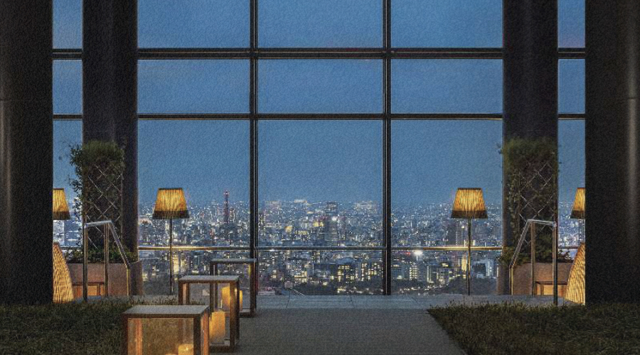 Tokyo Bulgari Hotel Bar, with a view above Tokyo cyberpunk skyline and high-end japanese aesthetic