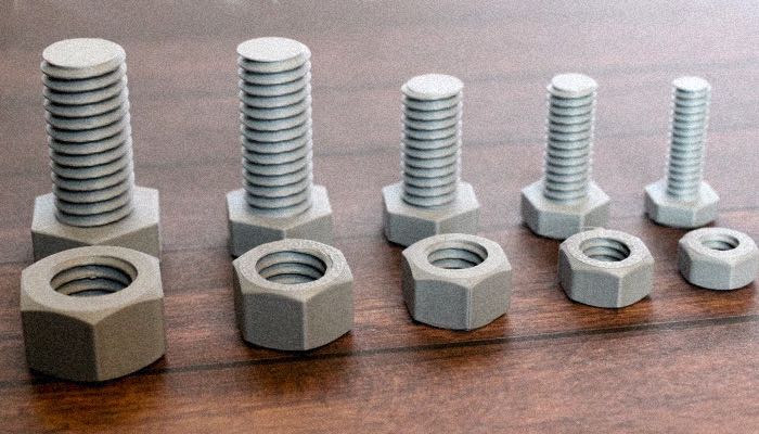 3D printed nuts and bolts (hardware) classified by size 